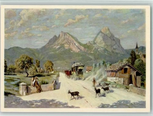 Kleiner Mythen Landschaft mit den beiden Mythen sign Robinet Paul Ziegen Postkutsche