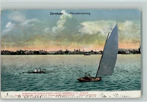 Zürich 1919 Zürichsee - Abendstimmung, Segelboot, Werbung: Adolf Grieda Seidenstoffe