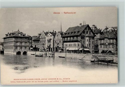 Zürich 1916 Rathausquai, Straßenbahn, Werbung Seidenstoff Fabrik Grieder - AK
