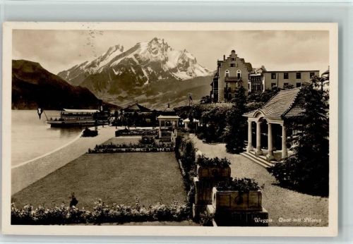 Weggis 1928 Quai mit Pilatus Wappen