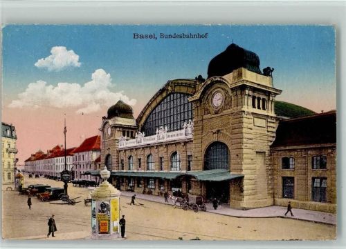 Basel Bahnhofsvorplatz Pferdefuhrwerk Litfassäule Oldtimer