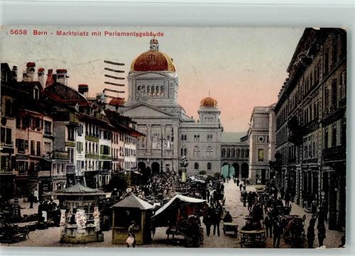 Bern 1912 Marktplatz mit Parlamentsgebäude Marktszene