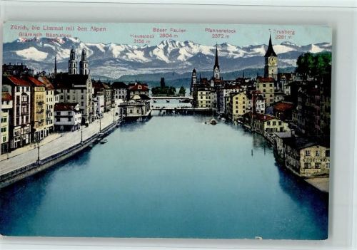Zürich Die Limmat mit den Alpen Böser Faulen Pfannenstock Drusberg Hausstock Glärnisch Bächistock