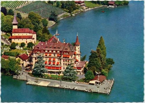 um 1960/65 Spiez am Thunersee, Hotel Spiezerhof am Äe, Luftbild,Fiechter AKU2