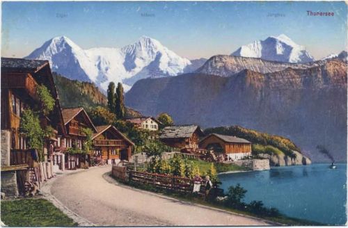 um 1910/20 Thunersee, Berge, Dorf,Schild-Bichsel AKU2