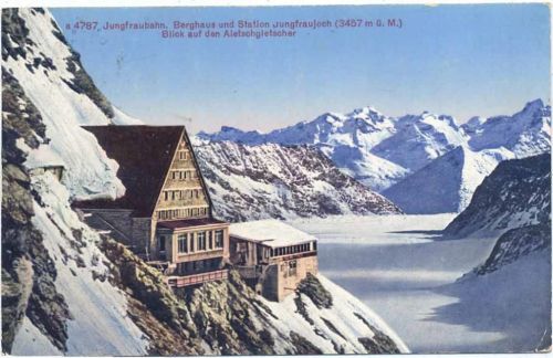 um 1910 Jungfraubahn, Berghaus und Station Jungfraujoch. Blick auf den Aletschgletscher, Kant: Bern, Schweiz. Nr. 4787.,Edition Photoglob Co. AKU2