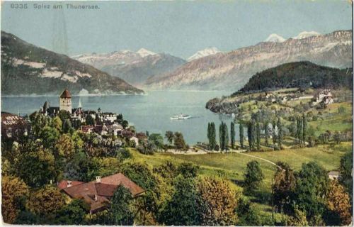 um 1910/20 Spiez, Schweiz, Kt Bern, am Thunersee, Berge, Kirche,Phototypie Co. AKU2