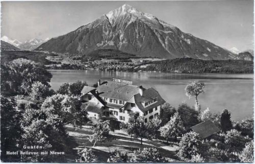 1957 Gunten, Kanton Bern, Schweiz, Hotel Bellevue, Niesen,Photoglob Wehrli AG AKU2