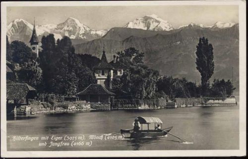 1927 Histerfingen, Kanton Bern, Schweiz, Ansicht mit Eiger, Mönch und Jungfrau, See, Boot,Photoglob AKU2
