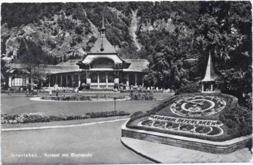um 1950/60 Interlaken, Kanton Bern, Schweiz, Kursaal mit Blumenuhr,Photoglob Wehrli AG AKU2