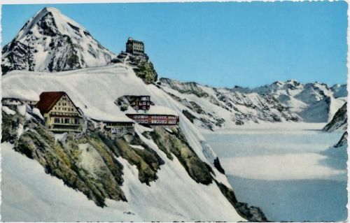 um1960 Jungfraujoch mit Mönch und Aletschgletscher. Berghaus Observatorium und meterologische Station auf der Sphinx. K: Bern. Schweiz. nr. 59.,Photoglob Wehrli AG AKU2