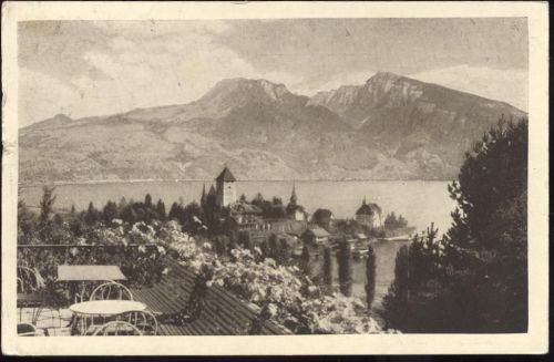 um 1930 Spiez, Schlosshotel Schonegg, Terrassen-Ausblick. K: Bern. Schweiz.,Brügger & Co. AKU2