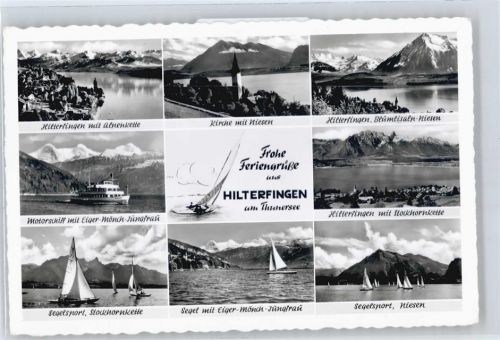 3652 Hilterfingen - Segelboot, Niesen, Stockhornkette, Kirche, Alpenkette, Schiff, Eiger, Mönch, Jungfrau