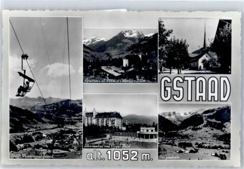 3780 Gstaad 1990 Werbe AK Seilbahn Schwimmbad Kirche