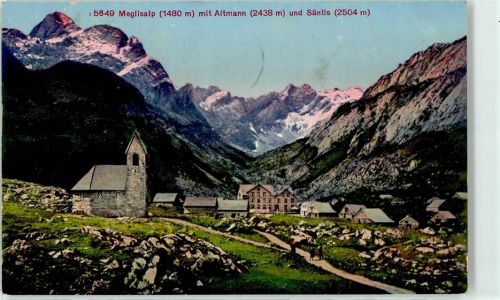 9000 St. Gallen S. Gallo Lithographie / Künstlerkarte Meglisalp mit Altmann und Säntis