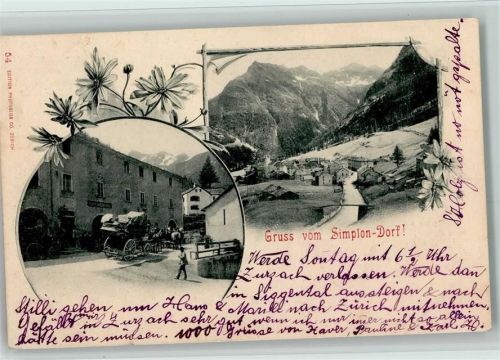 3907 Simplon Dorf 1902 - Im Simplon dorf die Postkutsche und Ortsansicht - Photoglob Nr. 54 AK