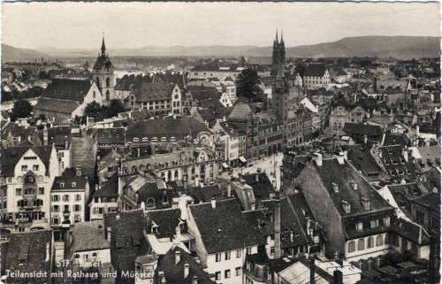 1949 - Basel, Schweiz, Teilansicht mit Rathaus und Münster,Gebr. Frey AKU1
