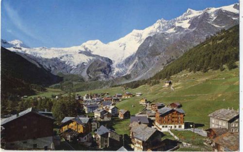1970 - Saas-Fee, Kt. Wallis, Schweiz, Ansicht mit Allalinhorn, Feegletscher, Alphubel, Täschhorn, Dom und Lenzspitze,Rud. Suter AKU1