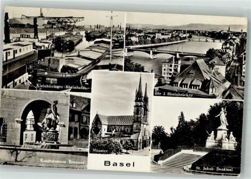4000 Basel Bâle Foto AK Denkmal Kunstbrunnen St. Jakob Münster 3 Rheinbrücken Hafen