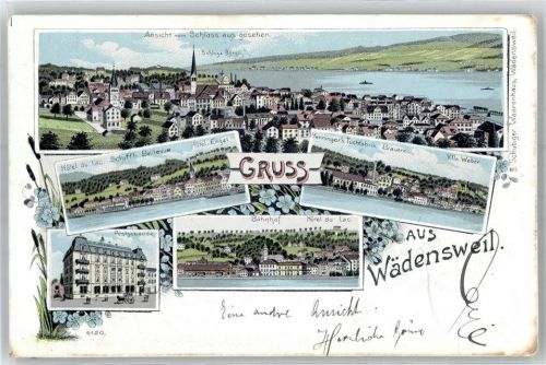 8820 Wädenswil 1899 Lithographie Brauerei Tuchfabrik Villa Weber Bahnhof Hotel du Lac Postgebäude