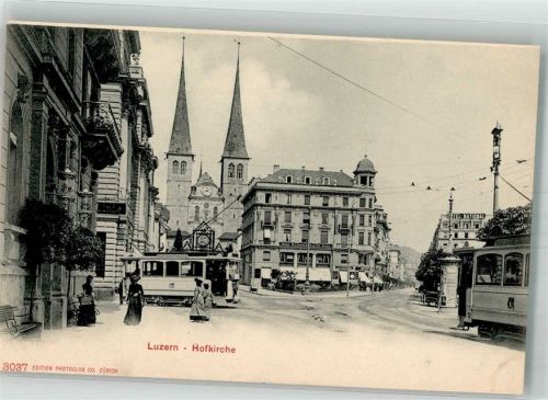 6000 Luzern Lucerne Foto AK Straßenbahn Hof- Kirche Hotel Narional
