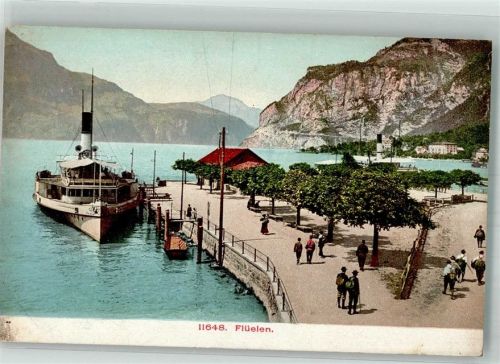 6454 Flüelen Foto AK Hafen Dampfschiff