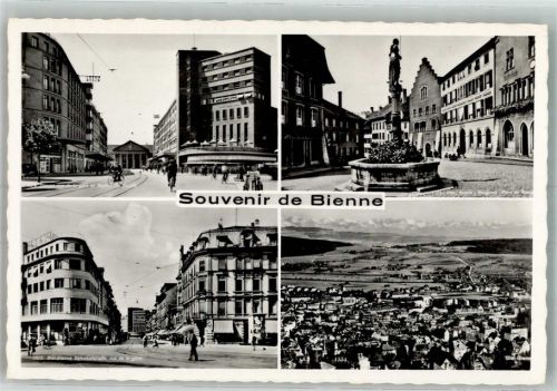 2500 Biel/Bienne Foto AK Denkmal Brunnen Geschäft Bahnhofstrasse Fliegeraufnahme