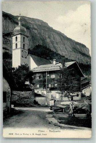 Flims 1916 Foto AK Kirche Dorfpartie