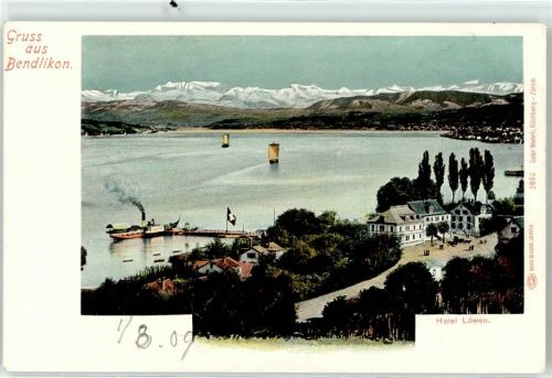 8802 Bendlikon Lithographie / Künstlerkarte Hotel Löwen Dampfer Anlegestelle