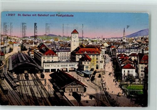 St. Gallen S. Gallo mit Bahnhof und Postgebäude Abendrot Bahnhof Schweiz 1920