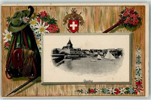 1000 Ouchy 1909 Prägedruck Wappen Gams Lithographie