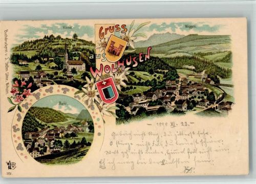 6110 Wolhusen 1898 BOAKC Lithographie Kirche Wiggern Markt Gebrauchsspuren, bitte Scan genau beachten!