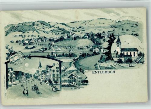 6162 Entlebuch 1903 BOAKC Lithographie/Mondschein Bahnhof Kirche Gebrauchsspuren, bitte Scan genau beachten!