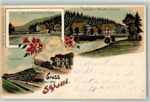 8135 Sihlwald 1900 Lithographie Gasthaus Brücke Forsthaus Holzsägerei Bahnhof Verlag Künzli Nr 1877