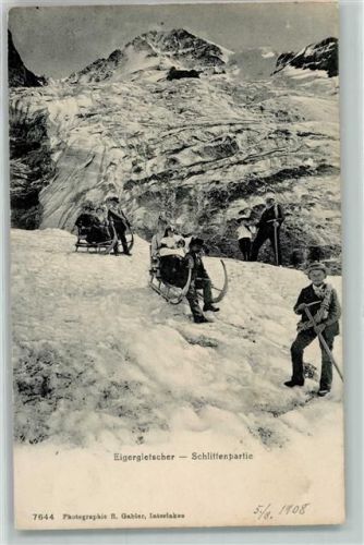 3823 Eigergletscher 1908 - Schlitten Wanderer Seil Hut Eispickel