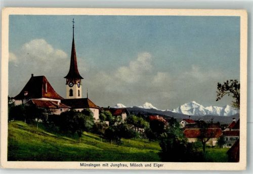 3110 Münsingen Foto AK Kirche Jungfrau Mönch Eiger