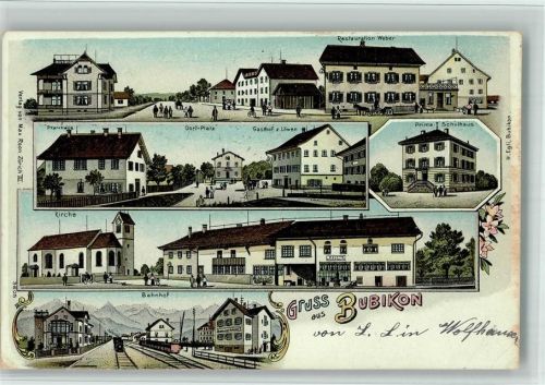 8608 Bubikon 1901 BOAKC Lithographie Gasthaus Weber Pfarrhaus Dorfplatz Gasthaus Zum Löwen Prima-Schulhaus Kirche Bahnhof Gebrauchsspuren, bitte Scan genau beachten!
