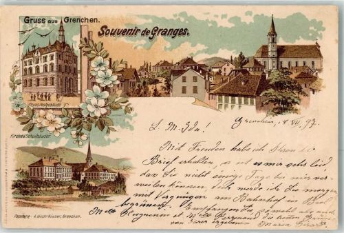 2540 Grenchen 1897 Lithographie Neues Postgebäude Kirche Schulhäuser