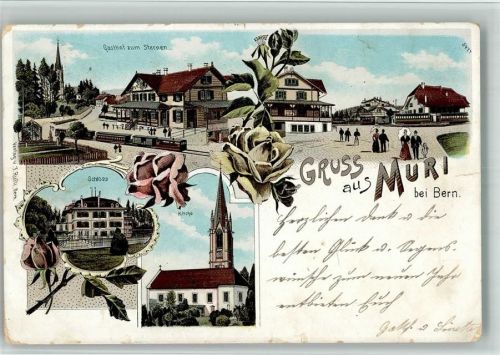 3074 Muri b. Bern 1901 BOAKC Lithographie Gasthaus Zum Sternen Schloss Kirche Gebrauchsspuren, bitte Scan genau beachten!