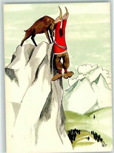 Eggishorn - Tourist hängt an den Hörnern eines Steinbocks am Bergabhang