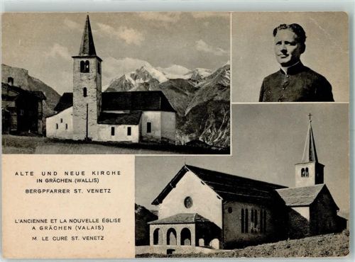 3925 Grächen 1944 Gebrauchsspuren Alte und neue Kirche Bergpfarrer St. Venetz Drucksache
