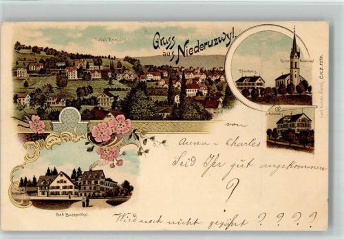 9244 Niederuzwil 1898 BOAKC Pfarrhaus Kirche Schulhaus Bad Buchenthal Lithographie