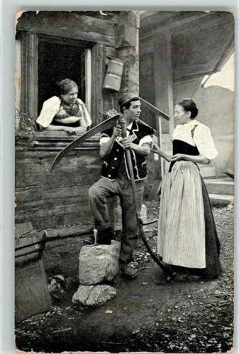 1462 Yvonand 1904 Gebrauchsspuren Senn mit 2 Trachtenmädchen Ort lt. Stempel