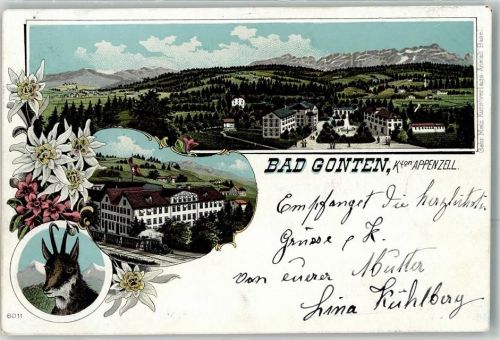 9108 Gonten 1901 Lithographie Bahnhof Eisenbahn Gämse Hotel Kurhaus Hüttenstempel
