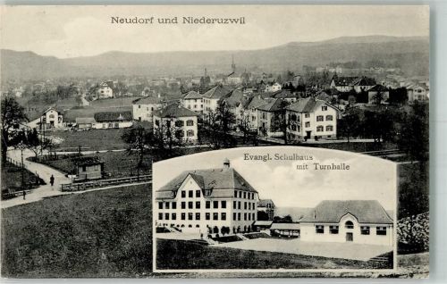 9244 Niederuzwil 1913 Foto AK Ev. Schulhaus Turnhalle Neudorf