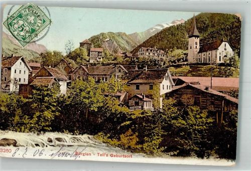 6463 Bürglen UR 1906 Foto AK Kirche Briefmarke Bildseite