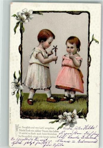 Prägedruck Zwei kleine Kinder spielen mit einer handgemachten kleinen Windmühle Serie Mausi No. 977