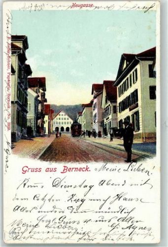 9442 Berneck 1905 Lithographie Neugasse Straßenbahn