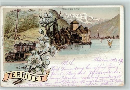 1820 Territet 1897 Lithographie Gruss aus - Chillon et dent du midi, Bergbahn AK