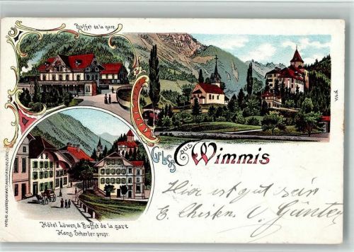 3752 Wimmis 1900 BOAKC Lithographie Buffet de la gare Hotel Löwen Hans Scherler Gebrauchsspuren, bitte Scan genau beachten!